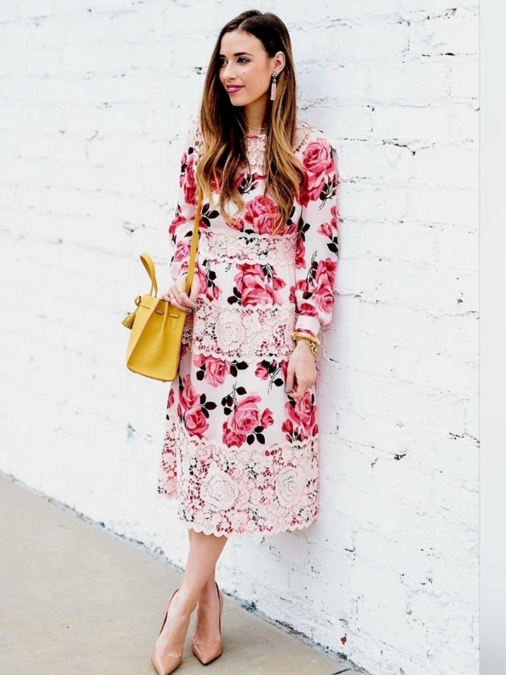 kate spade Long Sleeve Floral Lace Midi Dress - Pink & Cream